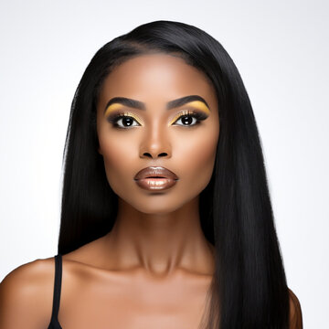 Portrait of an African American Female with straight hair  in a white background, Glam Stock Photo for Hair and Beauty brands, melanin shoot, female entrepreneur