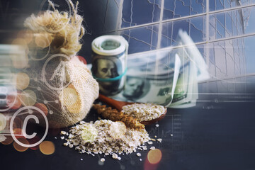 World grain crisis. Double exposure. A handful of cereals and 100 dollar banknotes on a blue...