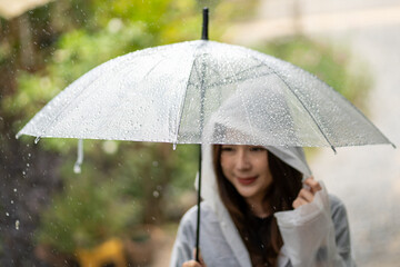 It’s raining, Women walk in the rain. Hand of women holding an umbrella.
