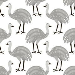 Obraz premium Seamless pattern in the form of cute ostriches. Funny hand-drawn animals. Creative children's background in Scandinavian style. Vector illustration. Ostrich on a white background
