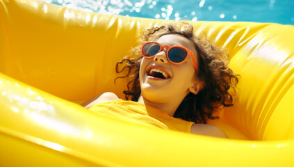 Cheerful girl with orange inflatable tube swimming underwater in clear pool water during summer holidays. Generated by AI
