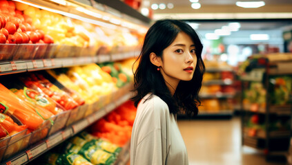 japanese woman in supermarket pushing shopping cart walking by the vegetables and fruits area. Generated by AI