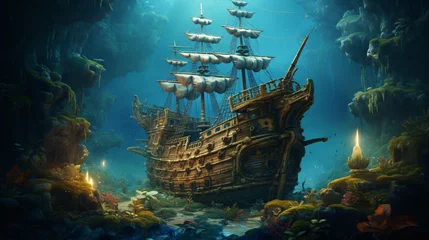 Foto op Plexiglas Schipbreuk A pirate treasure under the sea