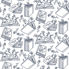 A pattern from books in a contour with elements of plants coming out of books. Open, closed books, a stack of books in the style of doodles with plants. Cute children's fantastic textiles