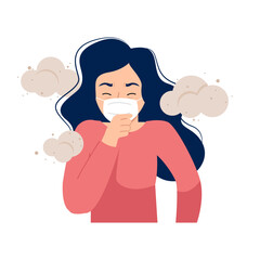 Woman coughing because of air pollution