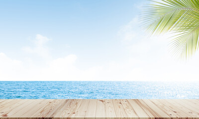 Table on Sea Beach Summer with Leaf Palm on Blue Sky Background, Top Wood Perspective on Ocean Tropical 
