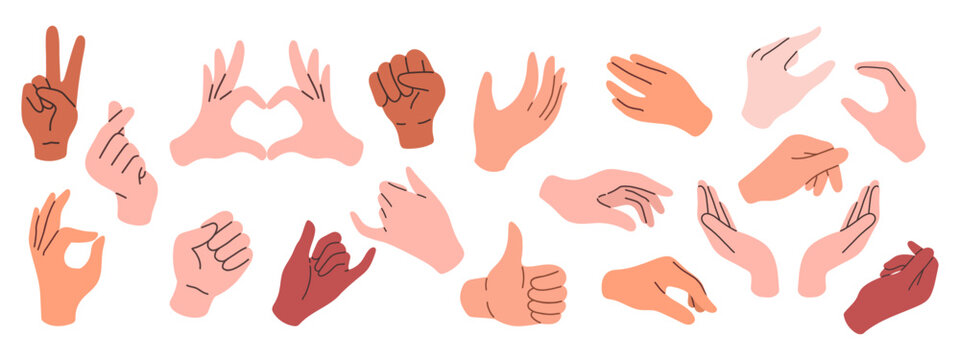Set of hands in doodle style isolated human arms. Vector different man woman hands showing peace sign, heart, thumb up.