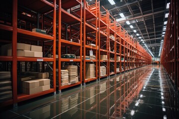 Fototapeta premium Empty rack shelf in mega storehouse. Logistic concept. Generative AI