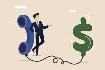 Telemarketing or telesales business illustration, phone call to sell product, business deal on phone call, insurance agent concept, confident seller standing with phone connected with dollar bill.