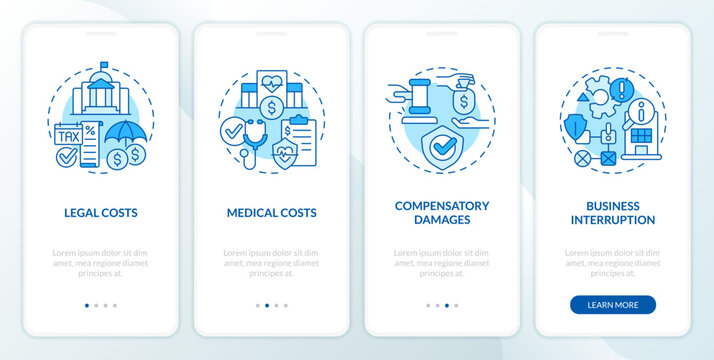 2D icons representing product liability mobile app screen set. Walkthrough 4 steps blue graphic instructions with line icons concept, UI, UX, GUI template.