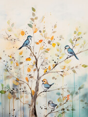Obraz na płótnie Canvas A serene view of a flock of birds perched in a tree, painted on canvas. captured in Quentin Blake's gentle, organic style. AI Generated Images
