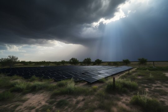 The scene shows solar panels and an incoming storm approaching. It appears to be during the day. Generative AI