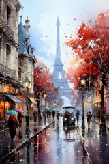 Paris street with Eiffel Tower, France. Digital watercolor painting