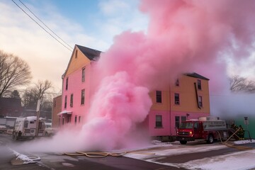 Smoke pours from a pipe of a pink and white building. Generative AI