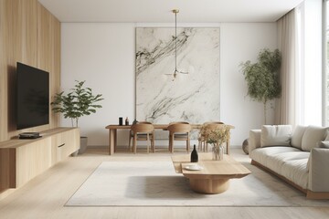 3D minimalist apartment with modern luxury furniture, indoor art and designer vases. Generative AI