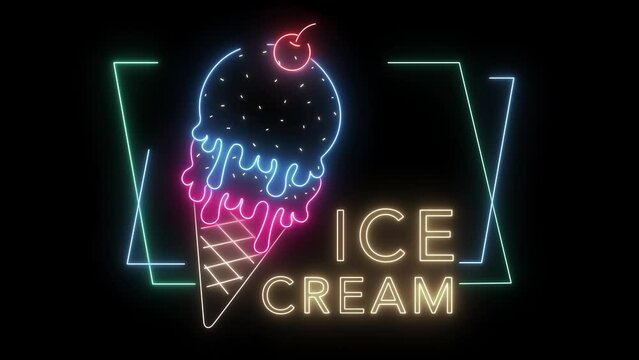 Moving neon light icon banner of an ice cream shop with ice cream icon on a black background motion.