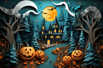 Halloween background in paper cut style. A spooky forest with pumpkin on a scary halloween night. Generative AI.