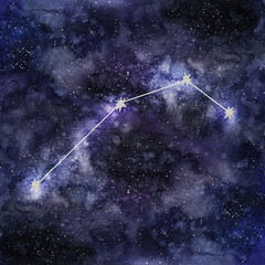 Aries sign zodiac, horoscope, astrology, astronomy, numerology, date of birth. Hand draw watercolor illustration isolated on dark sky background.