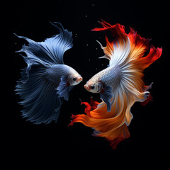 Two colorful betta fishes on the black background