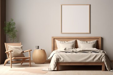 Cozy bedroom with mock up, beige bedding, wooden armchair, and mock up poster in wooden frame.