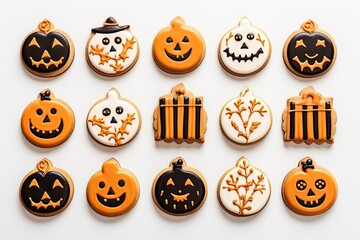 Homemade Halloween cookies on a white background, top view. With Generative AI technology