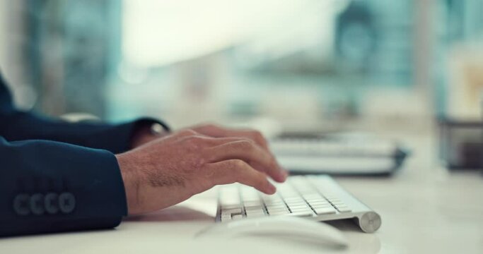 Business person, hands typing and keyboard for online copywriting, website marketing and office research. Professional employee, writer or editor on computer for article, editing and internet search