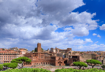 Fototapeta na wymiar Panoramic view of Trajan's Market (Mercati Traianei) on the Via dei Fori Imperiali in Rome, Italy.
