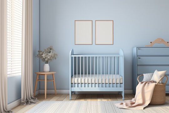 Contemporary baby room for a boy with a blue crib next to a blank white wall. Simulated interior design. 3D image.