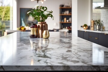 Close up image of a modern kitchen island with a blurred background, featuring a marble table top.
