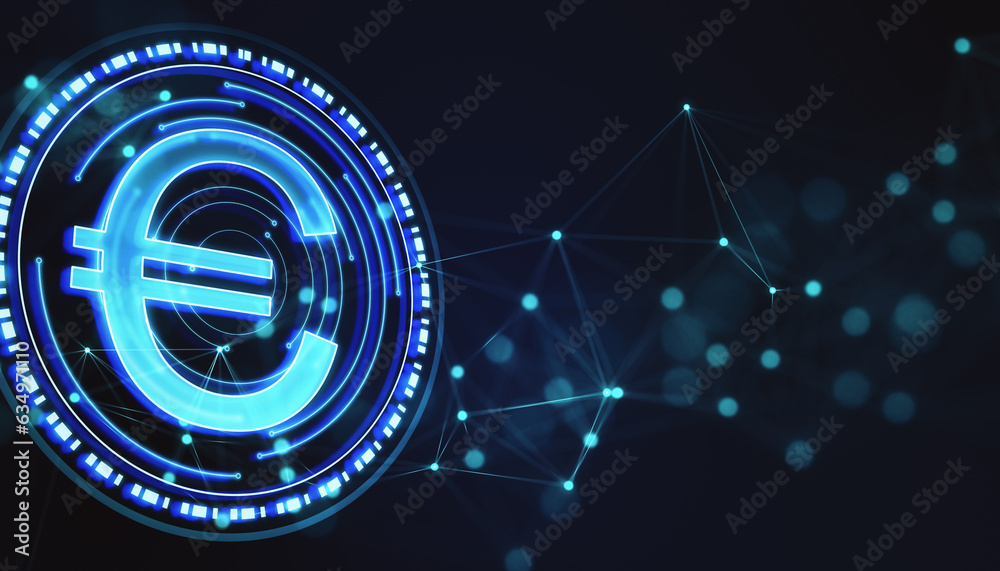 Poster abstract blue digital euro coin with polygonal bokeh mesh on blurry background. online banking and t