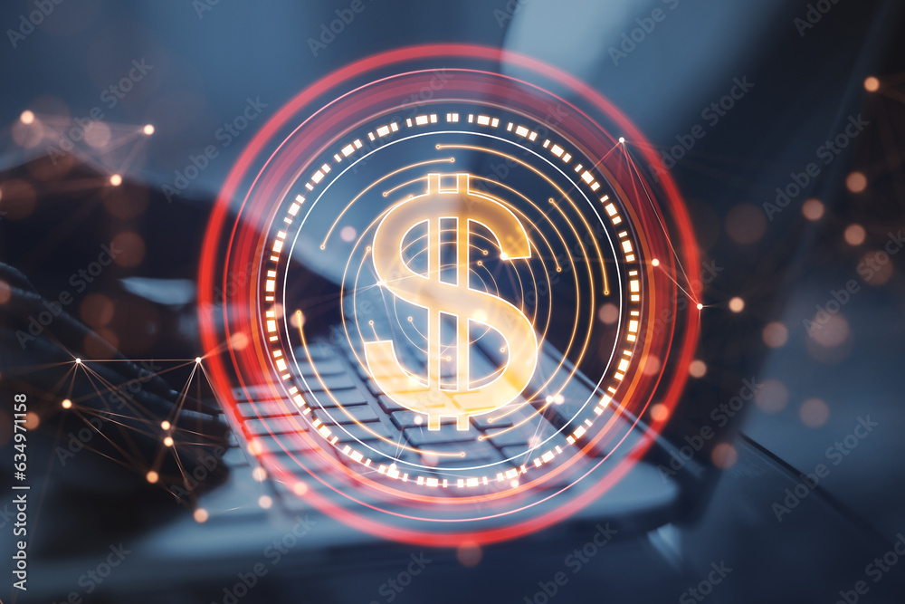 Aufkleber Close up of hands using laptop computer with abstract red digital dollar coin with polygonal bokeh mesh on blurry background. Online banking and trade concept. Double exposure.