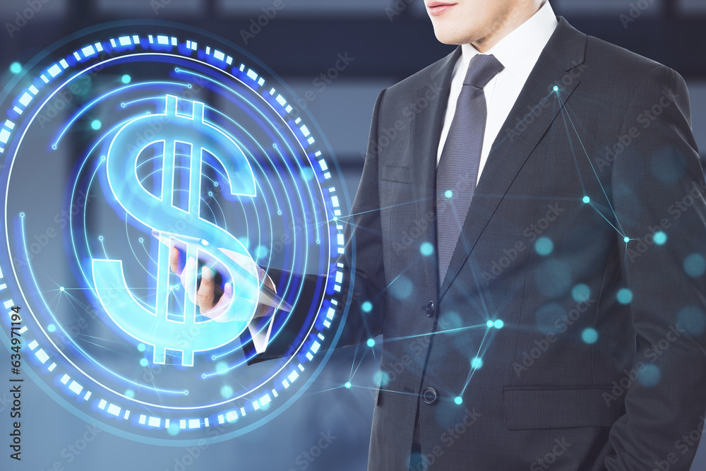 Poster headless young businessman using cellphone with abstract blue digital dollar coin with polygonal bok