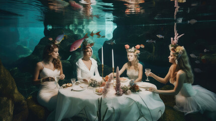 Underwater tea ceremony with whimsical mermaids