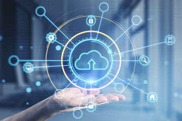 Close up of male hand holding glowing cloud computing hologram on blurry office interior background. Data storage and database concept. Double exposure.