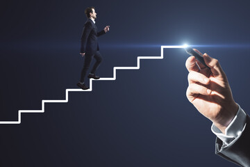 Abstract image of businessperson climbing hand drawn stairs on dark background. Teamwork, success...