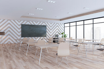 Contemporary classroom interior with empty mock up chalkboard, window and city view, wooden flooring and furniture. Education concept. 3D Rendering.