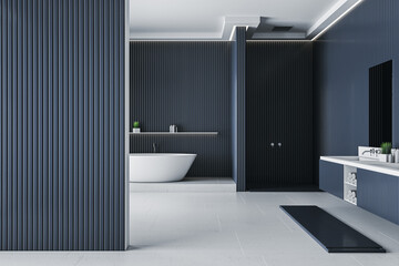 Luxury blue blank bathroom interior with bathtub, furniture and other items. 3D Rendering.