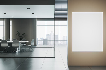 Modern glass meeting room interior with blank white mock up banner on wall, furniture, equipment and window with city view. 3D Rendering.