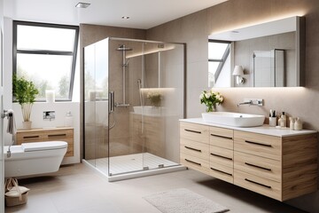 Contemporary, bright bathroom with wooden furniture, stone tiles and glass shower cabin. Design concept. - obrazy, fototapety, plakaty
