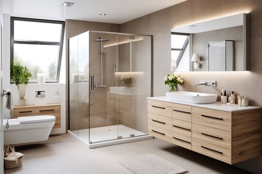 Contemporary, bright bathroom with wooden furniture, stone tiles and glass shower cabin. Design concept.