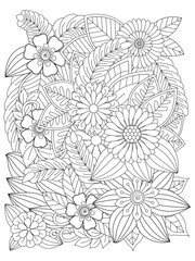 Black and white flower pattern for adult coloring book. Vector black and white colorin page for colouring book. Page for coloring book. Doodle floral drawing. For adults and kids.