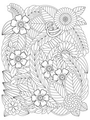 Vector coloring page of floral pattern. Black and white flower pattern for coloring. Doodle floral drawing. Vector black and white colorin page for colouring book. For adults and kids.