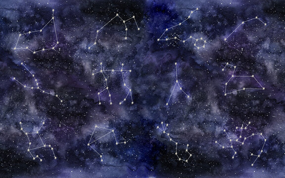 Set of twelve zodiac signs. Aries, Leo, Gemini, Taurus, Scorpio, Aquarius, Pisces, Sagittarius, libra, Virgo, Capricorn, Cancer. Hand draw watercolor illustration isolated on dark sky background.