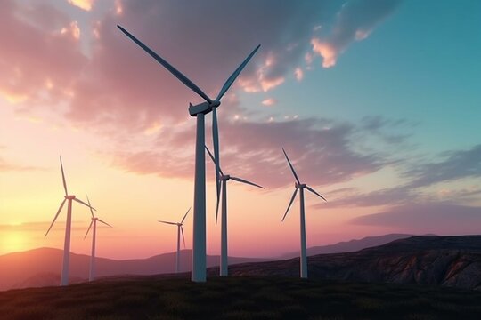 Background of clean energy with wind turbines. Generative AI