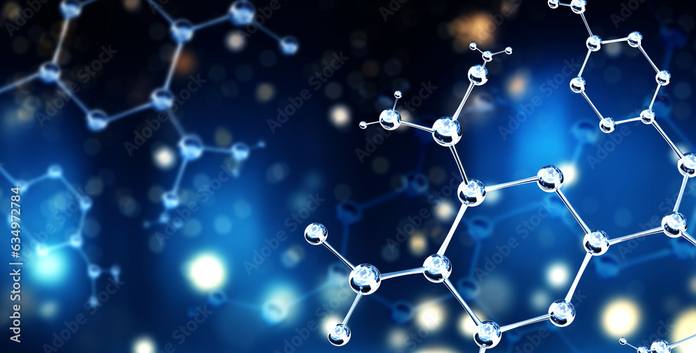 Wall mural horizontal banner with model of abstract molecular structure. background of blue color with glass at