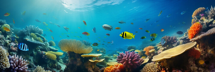 Image for banner background. Underwater atmosphere with beautiful fish and corals. Clear water. Free space for content. - obrazy, fototapety, plakaty