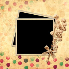 Retro background with photo frame and dry pressed leaf and flower. Nostalgic scrapbooking backdrop with old vintage photo and old paper texture with colorful polka dots pattern