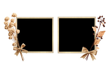 Set of retro photo frame with dried flowers, linen bows. Nostalgic scrapbooking collection with vintage photo and dry pressed flower. Isolated on white background
