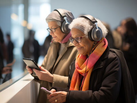Old people attend art exhibitions