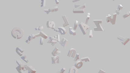浮遊する白色のアルファベット　白背景